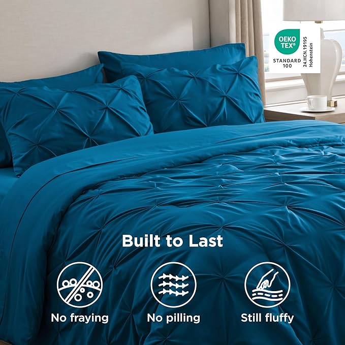 Bedsure Twin Comforter Set Teal - Bed in a Bag Twin Size Bedding 5 Pieces, GentleSoft™ Pintuck Bed Set Gift for Family, Pinch Pleat Teal Comforter with Sheets, Pillowcase & Sham