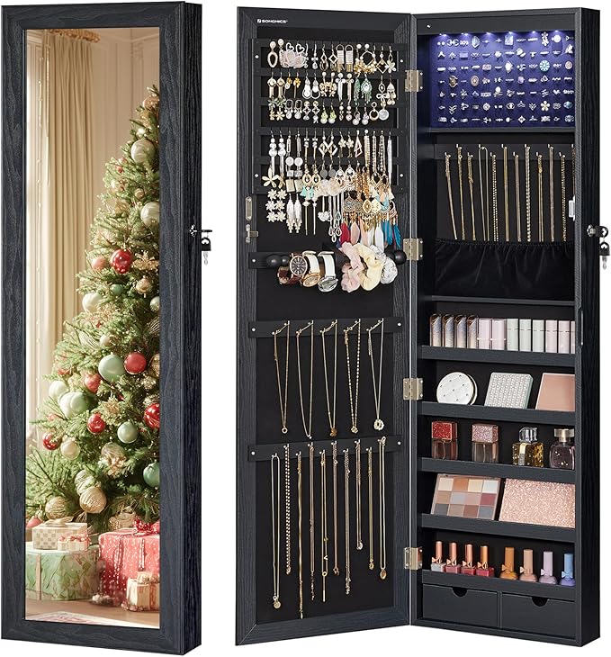 SONGMICS 6 LEDs Mirror Jewelry Cabinet, 47.2-Inch Tall Lockable Wall or Door Mounted Jewelry Armoire Organizer with Mirror, 2 Drawers, Christmas Gift, 3.9 x 14.6 x 47.2 Inches, Black