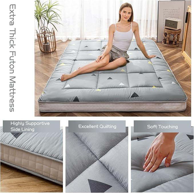MAXYOYO Grey Triangle Futon Mattress, Japanese Floor Mattress Quilted Bed Mattress Topper, Extra Thick Folding Sleeping Pad Breathable Floor Lounger Guest Bed for Camping, Queen Size
