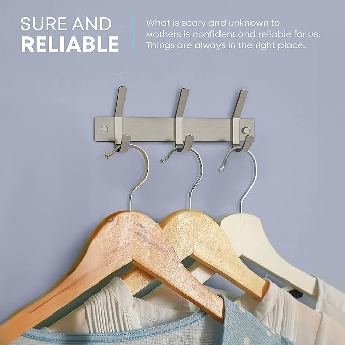 Small Coat Rack Wall Mount – Brushed Nickel 9 Inch Stainless Steel Hook Rail with 3 Heavy Duty Double Coat Hooks – Wall Mounted Coat Hanger for Entryway, Bathroom, Bedroom, Towel, Hat Organizer