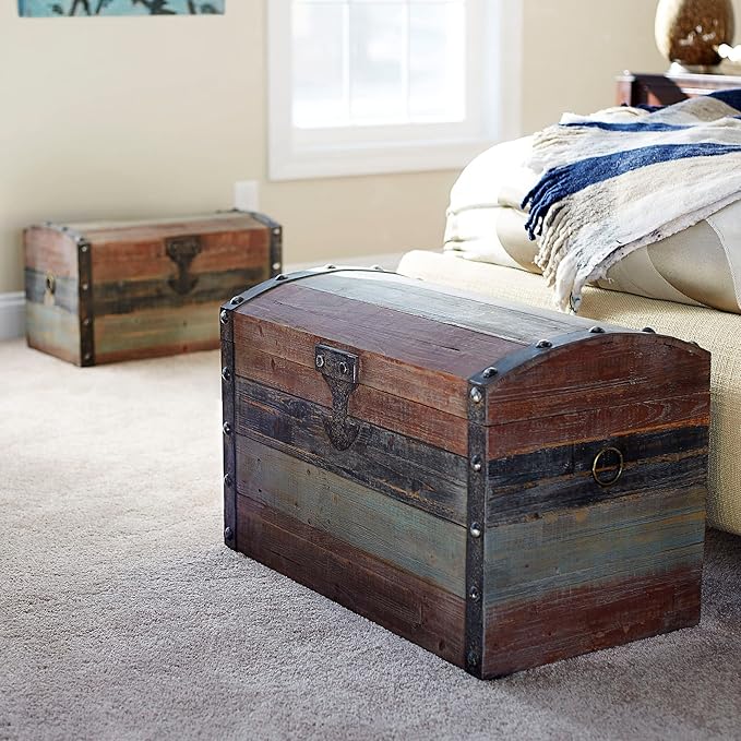 Household Essentials Small Wooden Storage Trunk, Weathered Wood with Paint Finish, Hinged Lid with Metal Accents