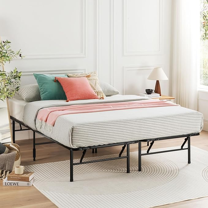 Best Price Mattress 14-inch Foldable Quickbase Metal Platform Bed Frame with Tool Free Easy Assembly, Wood Slats No Box Spring Needed, Black, Cal King