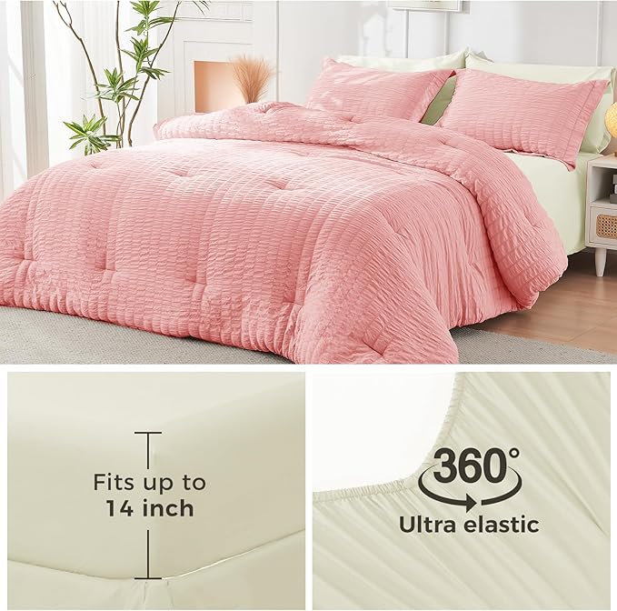 HYMOKEGE Pink/Ivory King Size Comforter Set Seersucker 7 Pieces, All Season Luxury Bed in a Bag for Bedroom, Bedding Set with Comforter, Sheets, Pillowcases & Shams