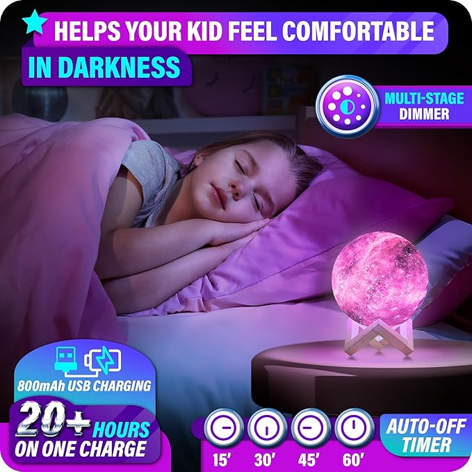 Mind-Glowing Galaxy Moon Lamp with Multi Colors, Touch/Remote, Wood Stand - Teen Girl Room Decor, Trendy Stuff - Christmas Gift for Any Year Old Teenage Girl - Cool Night Light for Kids (4.7 inch)