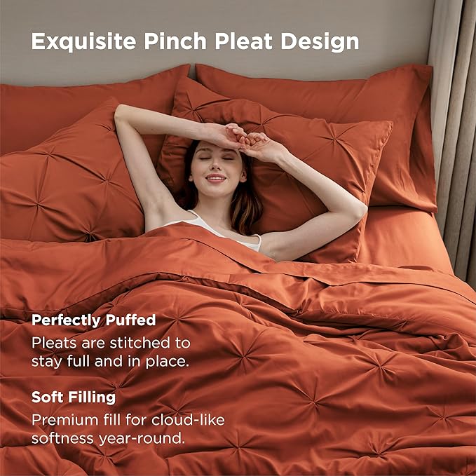 Bedsure California King Comforter Set Burnt Orange - Bed in a Bag Cal King Bedding Set 7 Pieces, GentleSoft™ Pintuck Bed Set Gift for Family, Pinch Pleat Comforter with Sheets, Pillowcases & Shams
