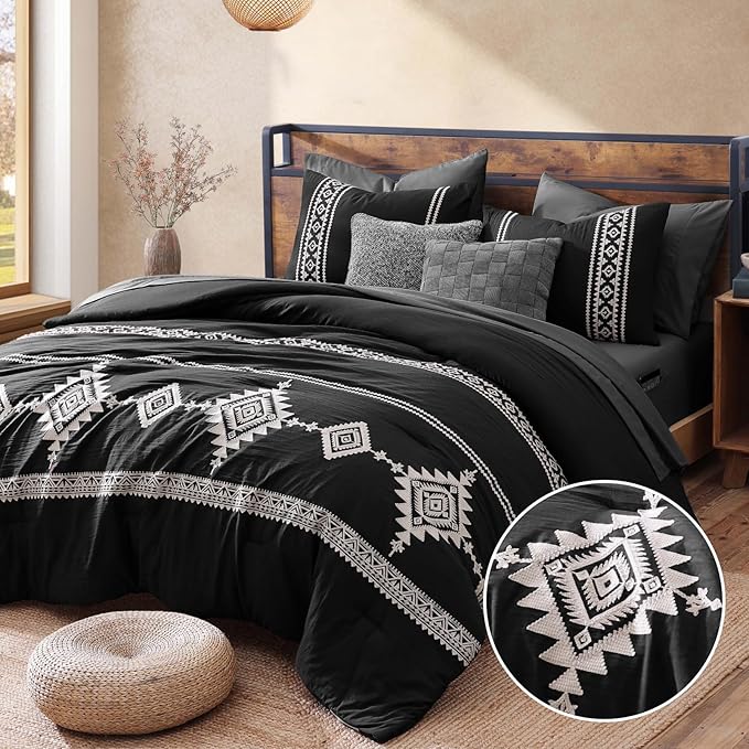MaiRêve Embroidery Full Size Comforter Set Black, Farmhouse Western Boho Bedding Set 7 Pieces, All Season Bed in A Bag Comforter Set with Sheets, Pillowcases & Shams