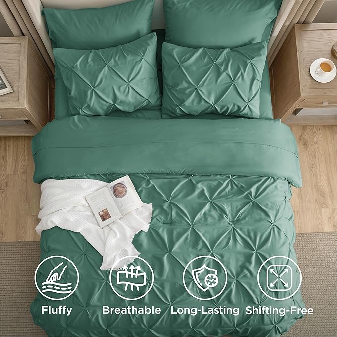 Bedsure King Size Comforter Set Graysih Green - Bed in a Bag Bedding Set 7 Pieces, GentleSoft™ Pintuck Bed Set Gift for Family, Pinch Pleat Graysih Green Comforter with Sheets, Pillowcases & Shams