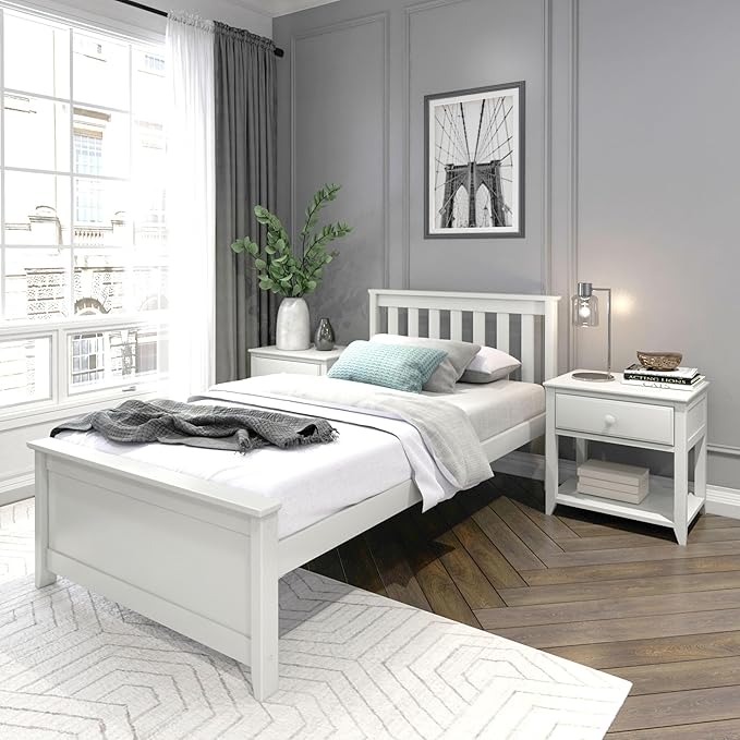 Plank+Beam Solid Wood Twin Bed Frame, Platform Bed with Headboard, White
