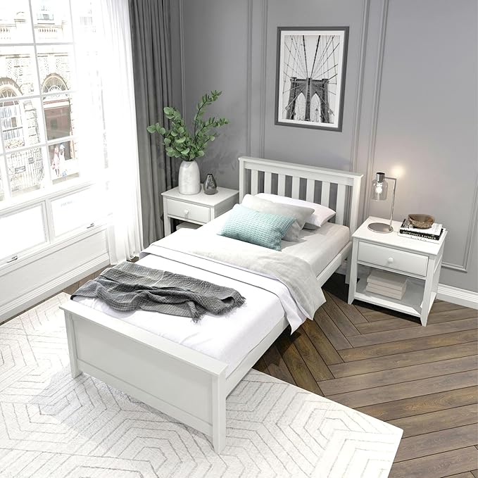Plank+Beam Solid Wood Twin Bed Frame, Platform Bed with Headboard, White