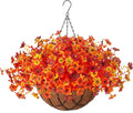 Fake Mums Artificial Fall Flowers with Hanging Baskets Outdoors for Decoration Faux mums for outdoor planters Daisy Flower with Eucalyptus Leaves for Porch Home Patio Balcony and Yard Autumn Decor