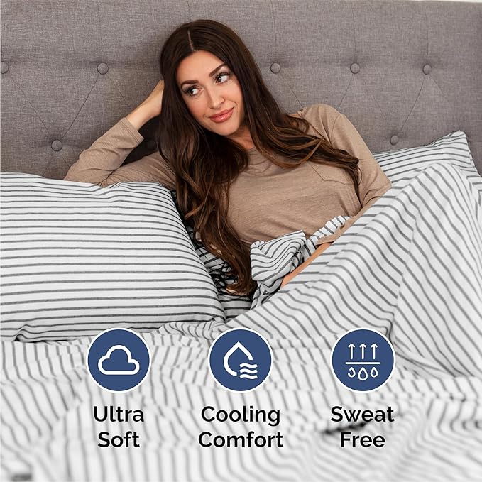 Queen 6 Piece Sheet Set - Comfy Breathable & Cooling - Soft Hotel Luxury Bedding Set with 8-16 Inch Deep Pockets - 1 Flat & 1 Fitted Sheet & 4 Pillowcases - Wrinkle Free & Easy Care - Grey Stripes 2