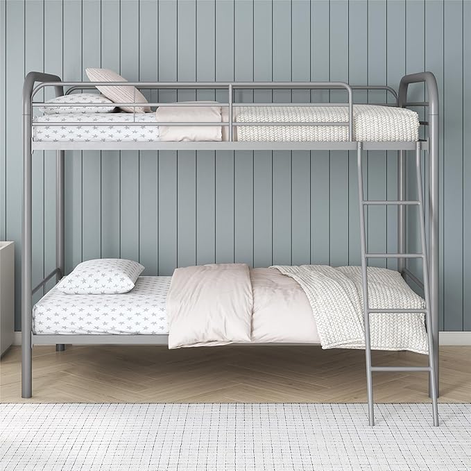 DHP Twin-Over-Twin Bunk Bed with Metal Frame and Ladder, Space-Saving Design, Silver Twin/Twin