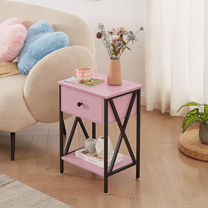 VECELO Nightstands Set of 2, Modern Bedside End Tables, Night Stands with Drawer and Storage Shelf for Living Room Bedroom, Industrial Metal Frame