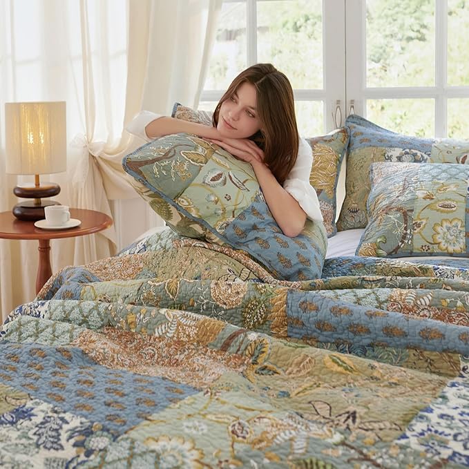 Secgo Queen Comforter Set for Bed - 100% Cotton Quilts Queen Size, Green, Sage Bedspreads (90 * 98 Inch) with 2 Pillow Shams, Patchwork Reversible Lightweight Bedding
