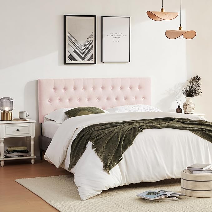 Tufted Upholstered Headboard Full Size, Solid Wood Head Board with Durable Metal Legs, Adjustable Height Bed headboard from 37” to 51” Fabric Headboard in Modern Button Design, Pink