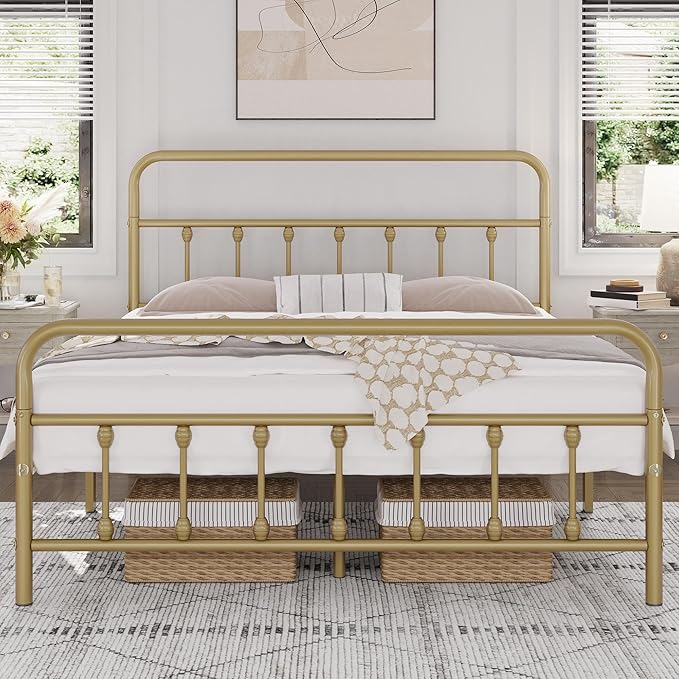 Yaheetech Classic Metal Platform Bed Frame Mattress Foundation with Victorian Style Iron-Art Headboard/Footboard/Under Bed Storage/No Box Spring Needed/Queen Size Antique Gold