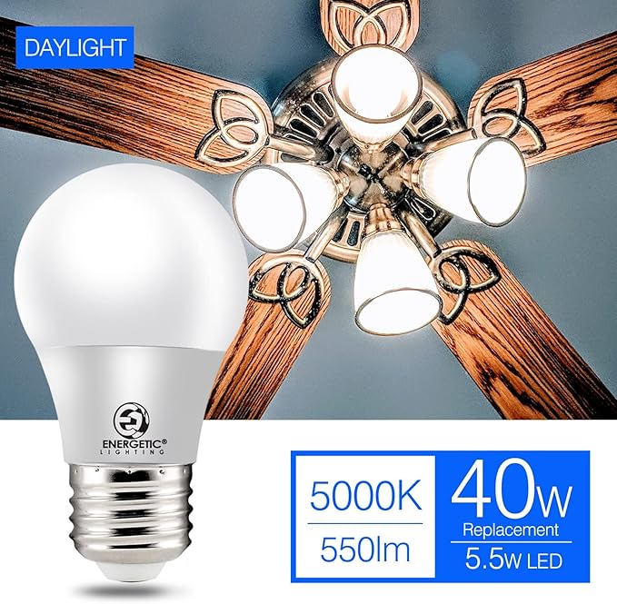 Energetic 5.5W A15 LED Refrigerator Bulb, 40 Watt Equivalent, 5000K Daylight, Dimmable A15 Ceiling Fan Light Bulbs, E26 Base, 2 Pack