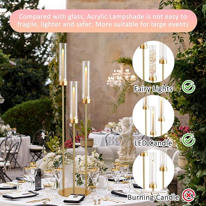 Vincidern 10pcs Gold 3 Arm Candelabra Taper Candle Holder for Table Centerpieces, 34in Tall Metal Candlestick Holder with Acrylic Lampshade for Wedding,Party,Holiday Christmas, Halloween Candelabra