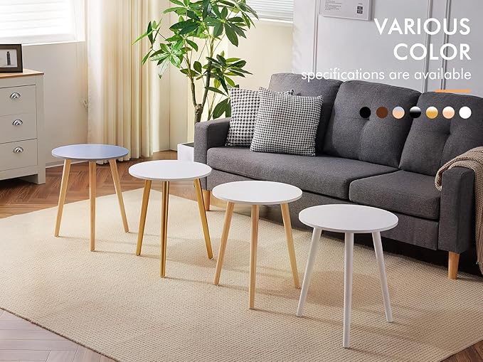 Apicizon Round Side Table Set of 2, White Nightstand Coffee End Table for Living Room, Bedroom, Small Spaces, Modern Home Decor Bedside Table with Natural Wood Legs, 16.5 Inches