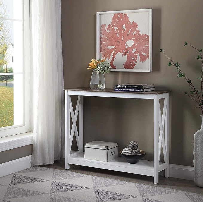 Convenience Concepts Oxford Console Table 39.5" - Sofa Table with Storage Shelf, Transitional Entryway Hall Table for Living Room and Bedroom, Display Foyer Table, Driftwood/White