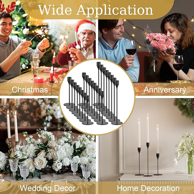 Black Taper Candle Holders Set of 24 Candlestick Holders Bulk, Metal Candle Stick Holder Decor for Wedding, Dinning, Xmas Party or Anniversary, Fits 3/4 Inch Thick Candle