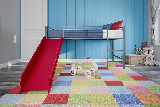 DHP Junior Twin Metal Loft Bed with Slide, Multifunctional Design, Silver with Red Slide