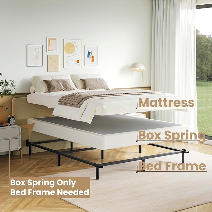 Box Spring King Size, 7 Inch Low Profile Metal Frame Mattress Foundation, 3000 lbs Heavy Duty Boxspring with Fabric Cover, Easy Assembly, Noise Free, Non-Slip
