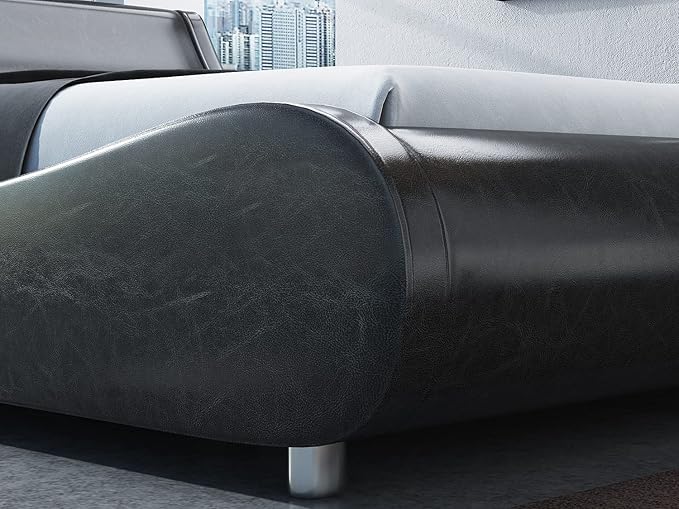 SHA CERLIN Modern Low Profile Platform Bed Frame King Size, Stylish Faux Leather Upholstered Sleigh Bed with Ergonomics Headboard, No Box Spring Needed, Glossy Black