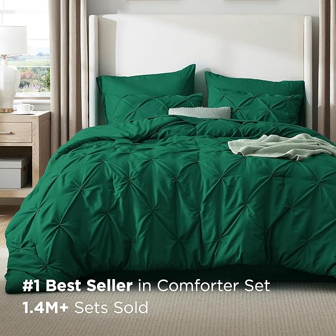 Bedsure King Size Comforter Set Dark Green - Bed in a Bag Bedding Set 7 Pieces, GentleSoft™ Pintuck Bed Set Gift for Family, Pinch Pleat Dark Green Comforter with Sheets, Pillowcases & Shams