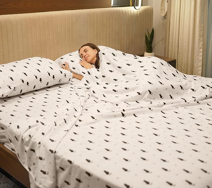 RUVANTI Flannel Sheets Split King Size - 100% Cotton Brushed Split King Bed Sheets Set, Deep Pockets 16 Inches, All Seasons Breathable & Extra Soft, Warm & Cozy, 5 Piece, Black Cat