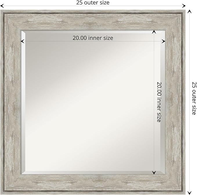 Amanti Art Silver Bathroom Mirror for Over Sink, 25x25 Crackled Metallic Square Vanity Mirror, Medium Country Rustic Frame, Hangs Horizonally and Vertically, Bathroom Wall Decor, Beveled Edge