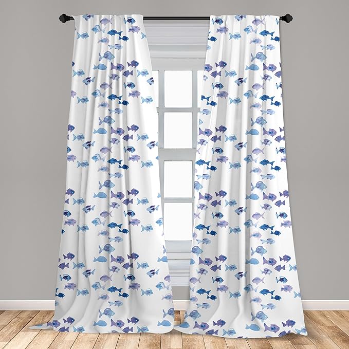 Ambesonne Animal Window Curtains Pack of 2, Little Fishes Watercolors Ocean Underwater Life Marine Theme Art, Lightweight Set with Rod Pocket, 4 Panels of - 28" x 84", Blue