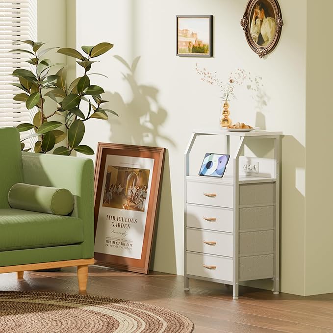 Furnulem Night Stand with Charging Station, Dresser with PVC & Fabric Drawers, 33.3 Inch Side Table with Open Shelf, Tall Bedside Table for Closet, Entryway, Bedroom Furniture, 3 Ways to Use, White