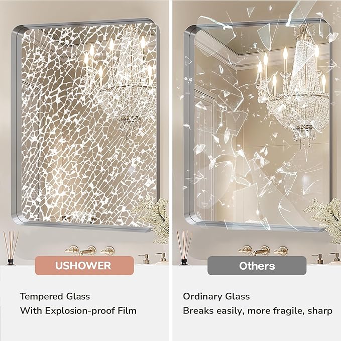 USHOWER Brushed Nickel Bathroom Mirror 24"x36", Silver Rectangle Mirror for Over Sink, Rounded Corner, Aluminum Frame, Anti-Rust, Tempered Glass, Horizontal or Vertical Mounted