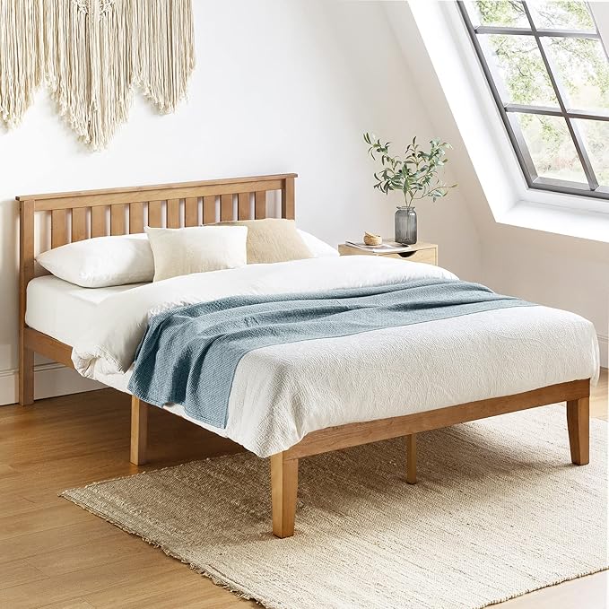 Mellow Marley 14 Inch Solid Wood Platform Bed with Paneled Headboard, Natural Pine, King