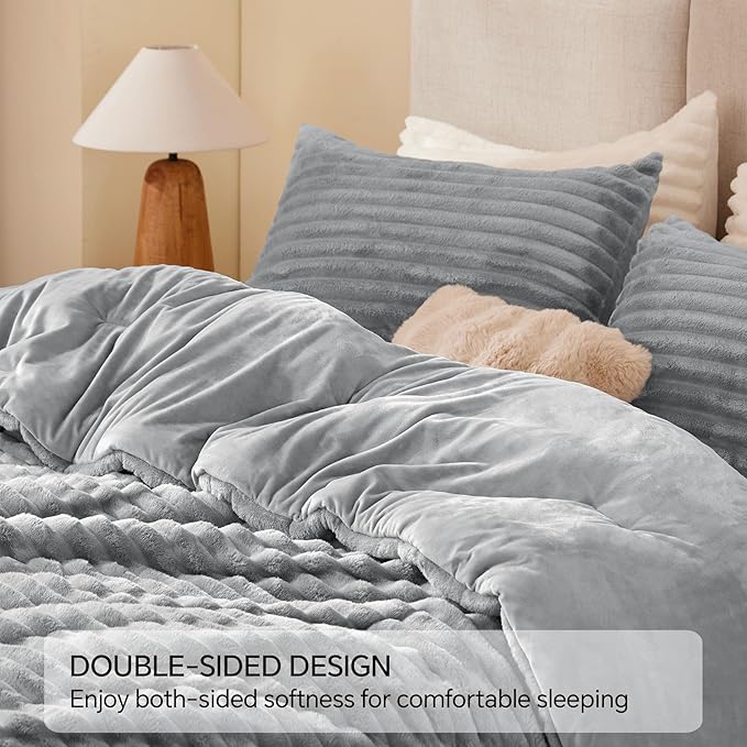 BEDELITE Fleece California King Comforter Set -Super Soft & Warm Fluffy Light Grey Bedding, Luxury Fuzzy Heavy Bed Set for Winter with 2 Pillow Cases