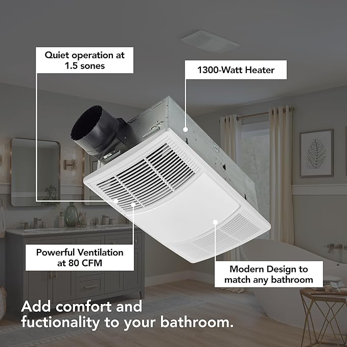 Broan-NuTone Non-Lit PowerHeat Bathroom Exhaust Fan and Heater, 80 CFM, 1.5 Sones, White