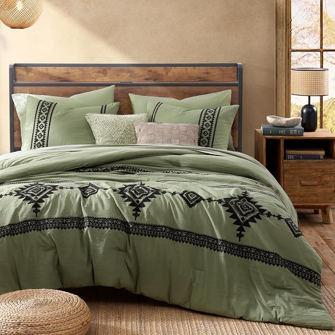 MaiRêve Embroidery Queen Size Comforter Sets, Light Olive Green Western Bedding Set Boho 7 Pieces, All Season Farmhouse Bed in A Bag Comforter Set with Sheets, Pillowcases & Shams