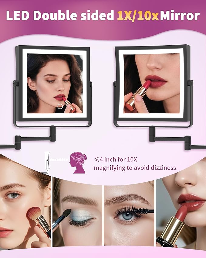 Rechargeable Wall Mounted Makeup Mirror with Lights, 4000mAh Double Sided 1X/10X Magnifying Vanity Mirror with 3 Color Lights, Touch Dimmable, 360° Extension Foldable Arm (Matte Black)