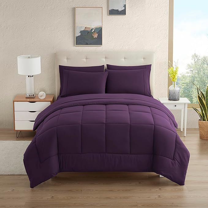 California King Comforter Set - Soft & Breathable 7-Piece Bedding Collection - 1 Comforter, 1 Fitted Sheet, 1 Flat, 4 Pillowcases - Deep Pocket - Premium Quality - Ideal for All Seasons, Purple