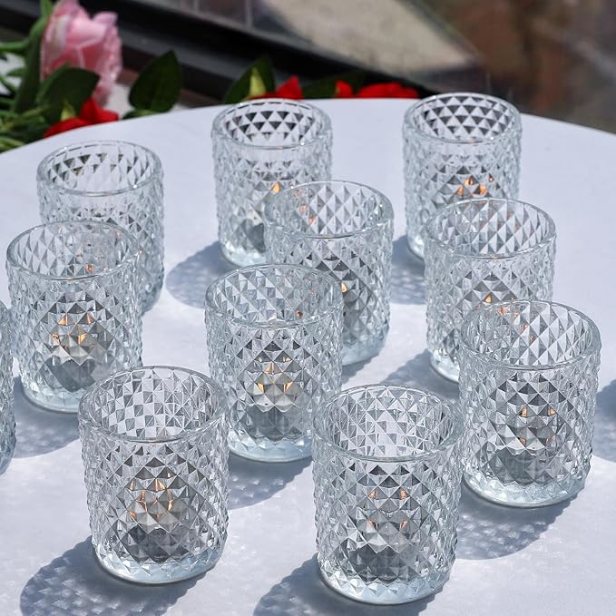 Woho 12Pcs Clear Votive Candle Holders, Tealight Candle Holder for Home Decor, Glass Tea Lights Candle Holder for Birthday Holiday Table