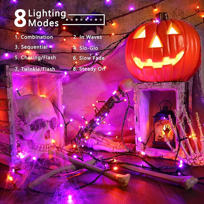Brizled 2 Pack Purple & Orange Halloween Lights, 95.14ft 240 LED Halloween Lights String Connectable with Timer, 8 Modes Outdoor Orange Light, Plugin Mini Light for Tree Garden Indoor Decor