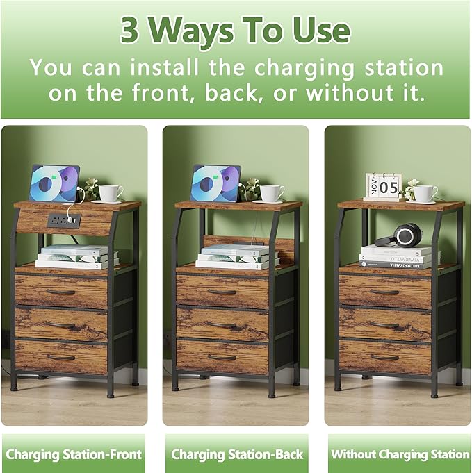 Furnulem Night Stand with Charging Station, USB Ports and Outlets, 28.3 Inch Tall Bedside Table with Wood Shelf, 3 Fabric Drawers Side Table for Bedroom, 3 Ways to Use, Rustic Brown