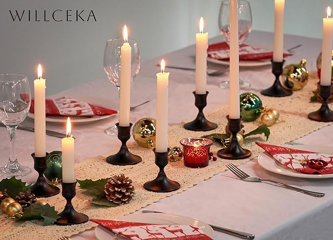 Black Taper Candle Holder, Candlestick Holders, Vintage Metal for Table Centerpieces Wedding Decor (Matte Black, 12 Pcs)