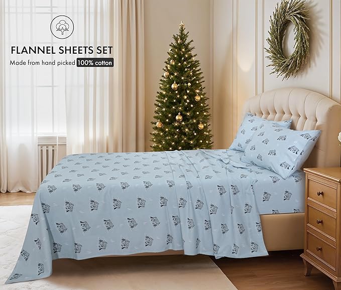 RUVANTI Flannel Sheets California King Size - 100% Cotton Brushed Cal King Bed Sheets Set - Deep Pockets 14 Inches - All Seasons Breathable & Extra Soft - Warm & Cozy, 4 Piece, Soul Dog