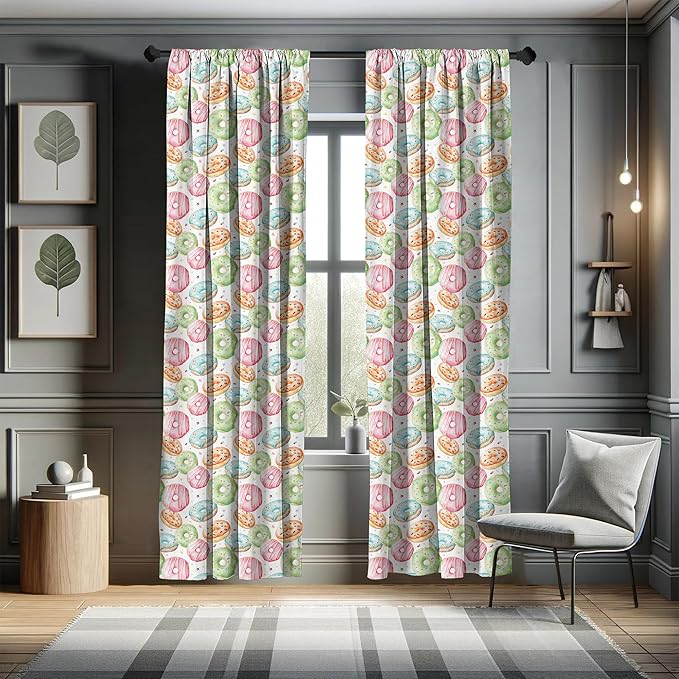 Ambesonne Watercolor Window Curtains, Delicious Donuts Pattern Various Flavors Sprinkles Stars Background, Lightweight Decor 2-Panel Set with Rod Pocket, Pair of - 28" x 95", Pale Fern