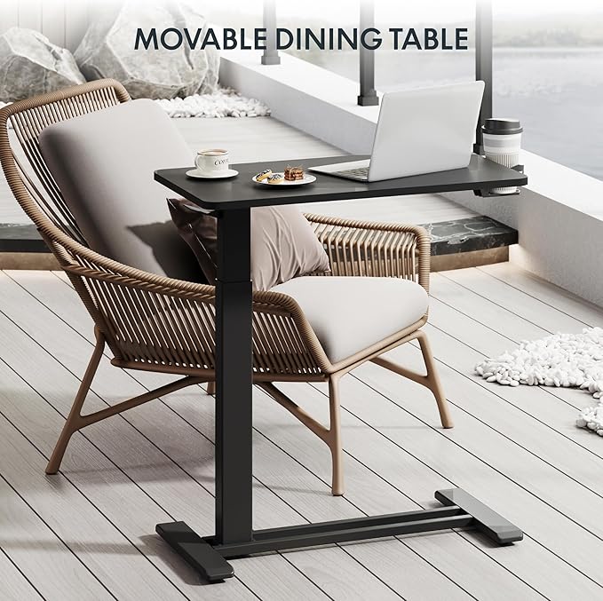 FLEXISPOT H7 Adjustable Overbed Bedside Table with Wheels Pneumatic Mobile Standing Desk Laptop Desk Rolling Computer Cart Movable Overbed Tables Hospital Home Use(27.6" W x 15.7" D, Black Table)