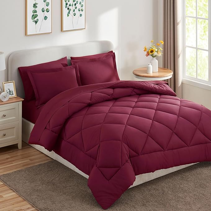 CozyLux King Size Comforter Set Burgundy - 7 Pieces Bed in a Bag King, Luxury Soft Bed Set for All Seasons, Bedding Set with Down Alternative Comforter, Sheets, Pillowcases & Shams