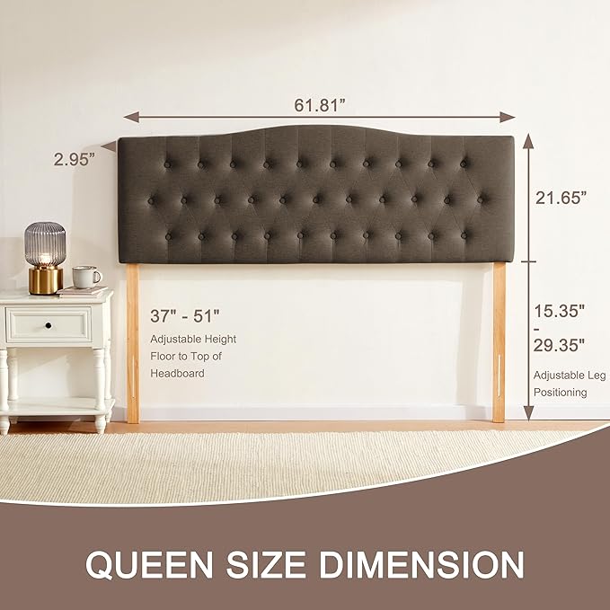 Tufted Upholstered Headboard Queen Size, Sturdy and Durable Solid Wood Bed headboard, Fabric Headboard Adjustable Height from 37” to 51”, Button Diamond Design Head Board, Chocolate