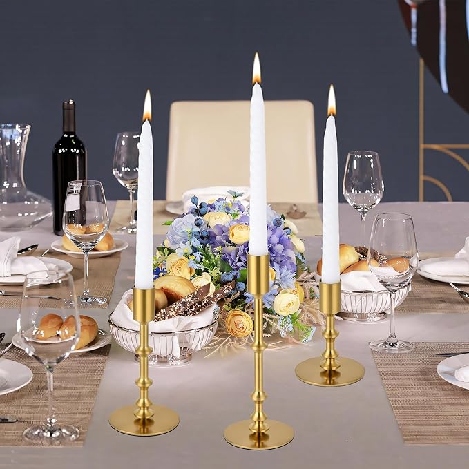 Candlestick Holders for Taper Candles, Brushed Brass Gold Candle Stick Holders Decor, Taper Candle Holder Set for Table Mantel Wedding Dinning Anniversary